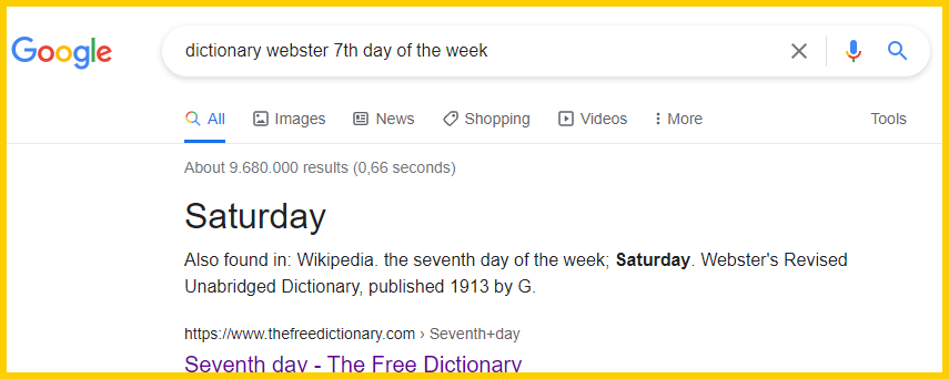 7th day of the week in dictionary = Saturday